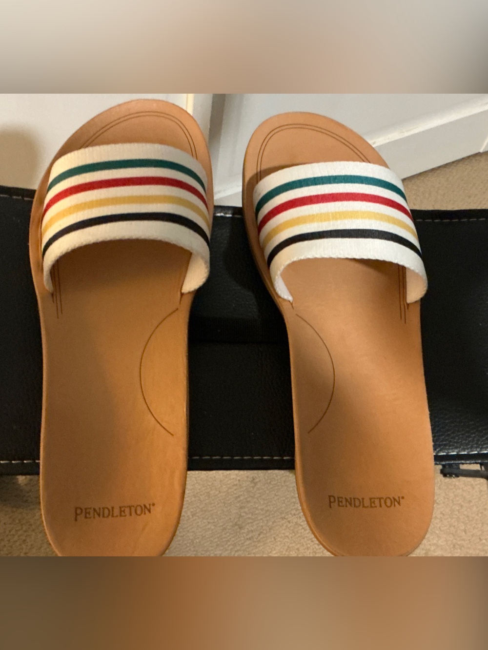 Pendleton Tan Slides with Multicolor Stripe Strap